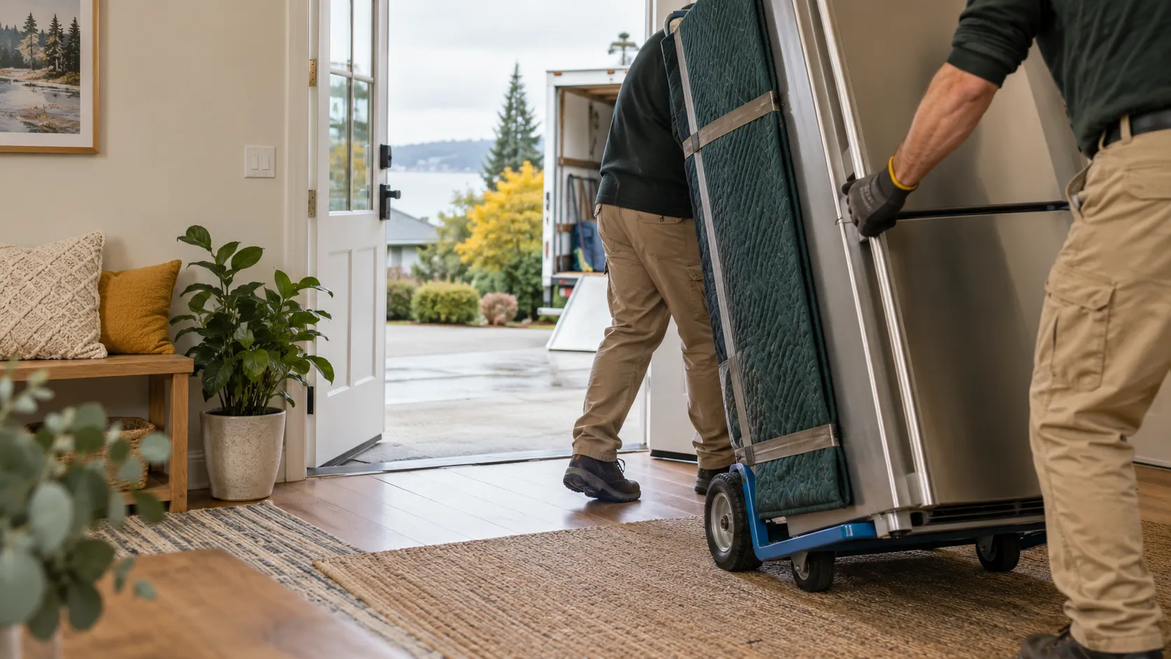 Appliance being moved on a padded dolly through a protected home