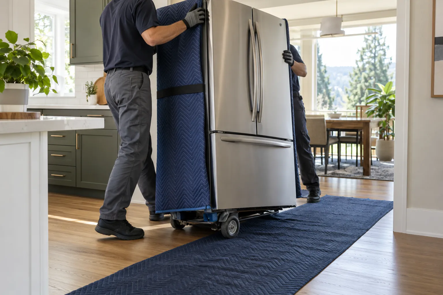 refrigerator & freezer removal in progress with protective moving equipment