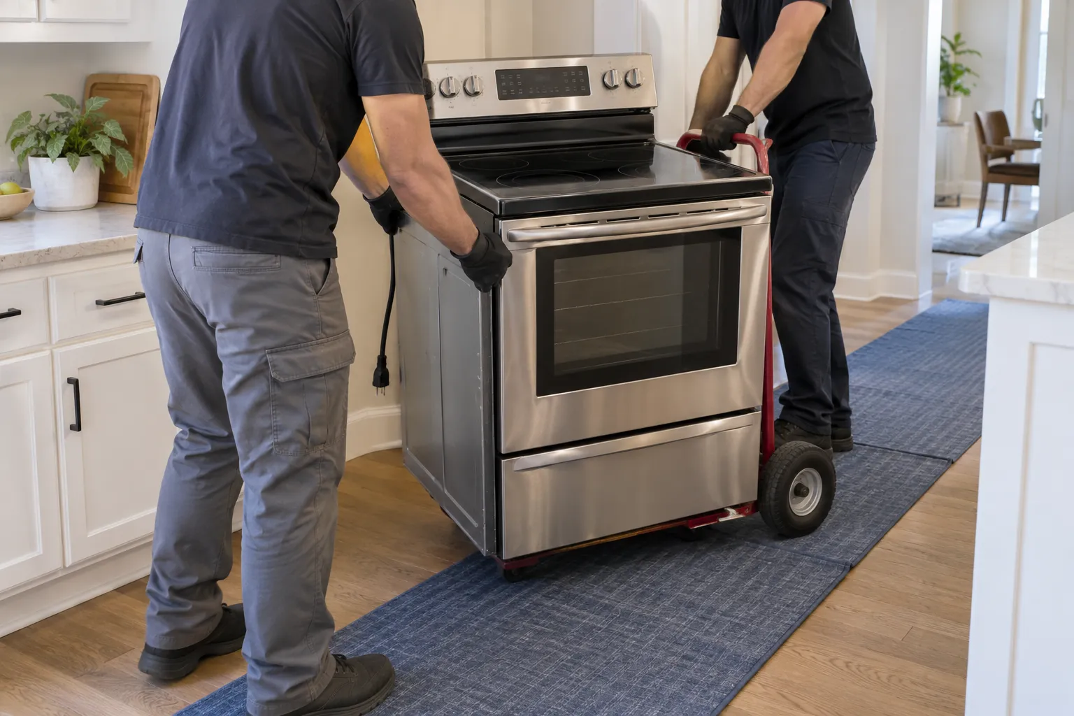 stove & oven removal in progress with protective moving equipment