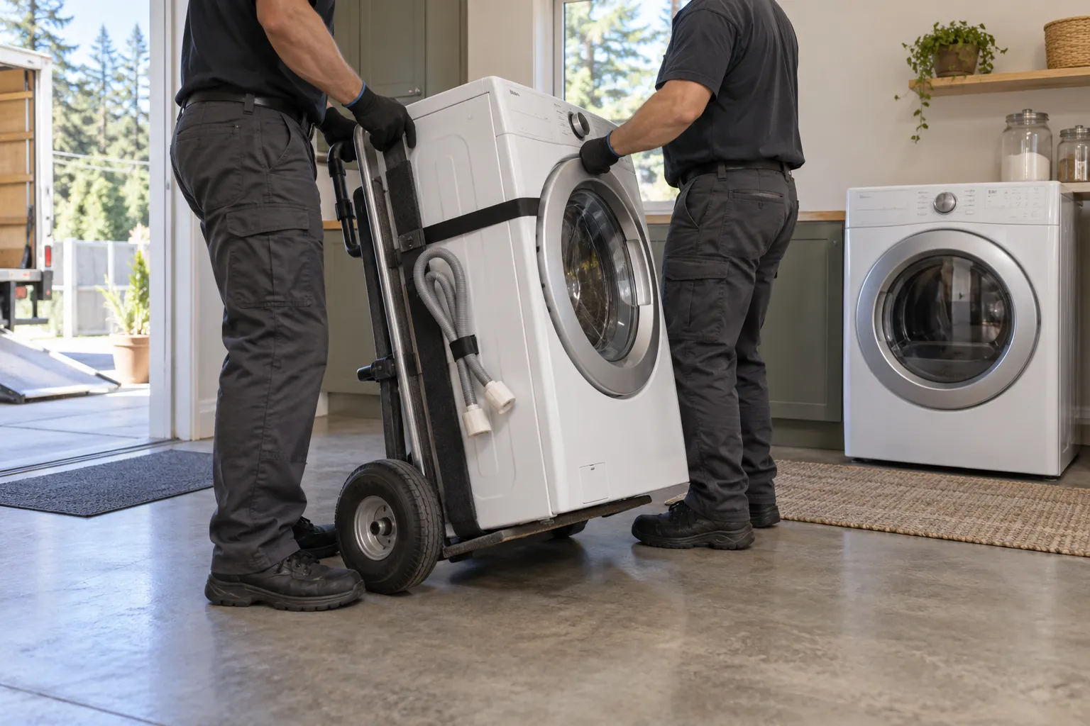 washer & dryer removal in progress with protective moving equipment